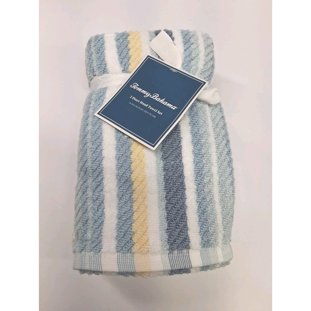 Tommy Bahama (2) Hand Towel Set Ocean Bay Stripe Blue 16" X 30" 100% Cotton